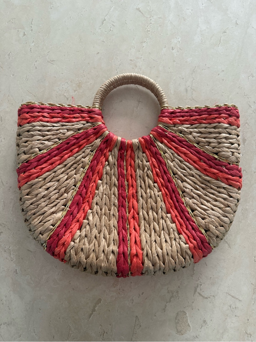 Straw Tote Bag with Coral & Natural Accents